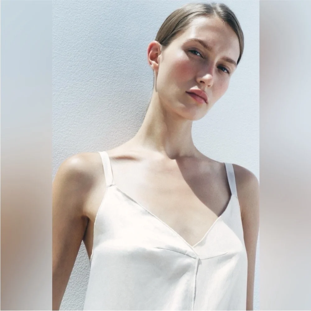 Zara Cream Satin Midi Dress with Spaghetti Straps